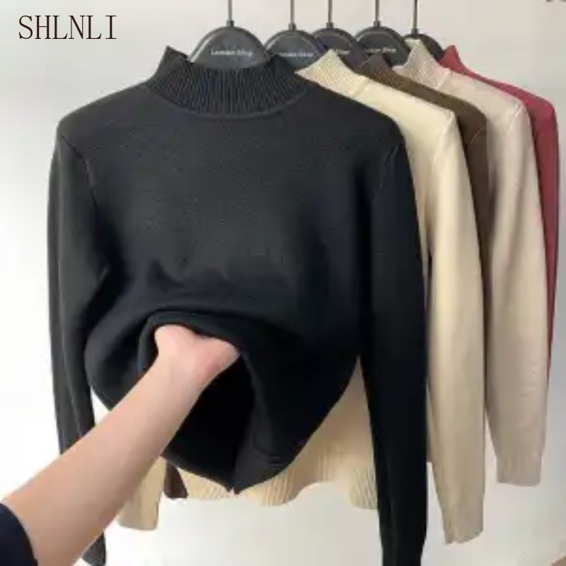 Detalhes do Suéter Feminino Meia Gola Alta Cor Sólida Outono Inverno Forrado De Lã
