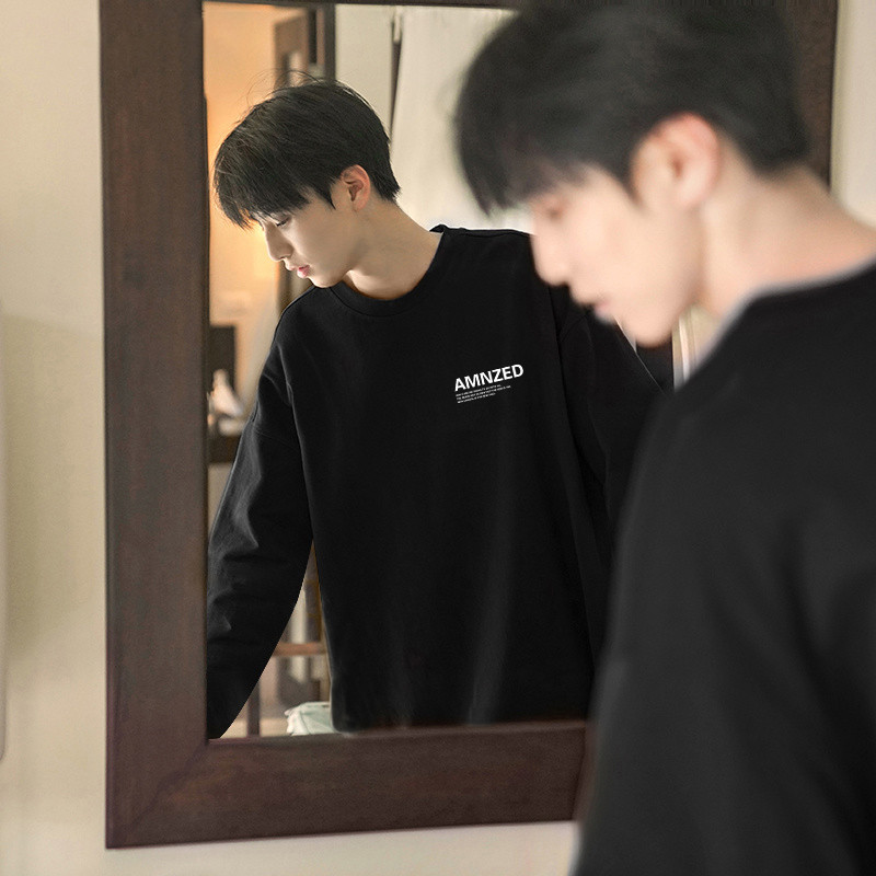 Camiseta de manga comprida masculina 2026 primavera outono novo estilo puro algodão moletom solto camiseta interior fino