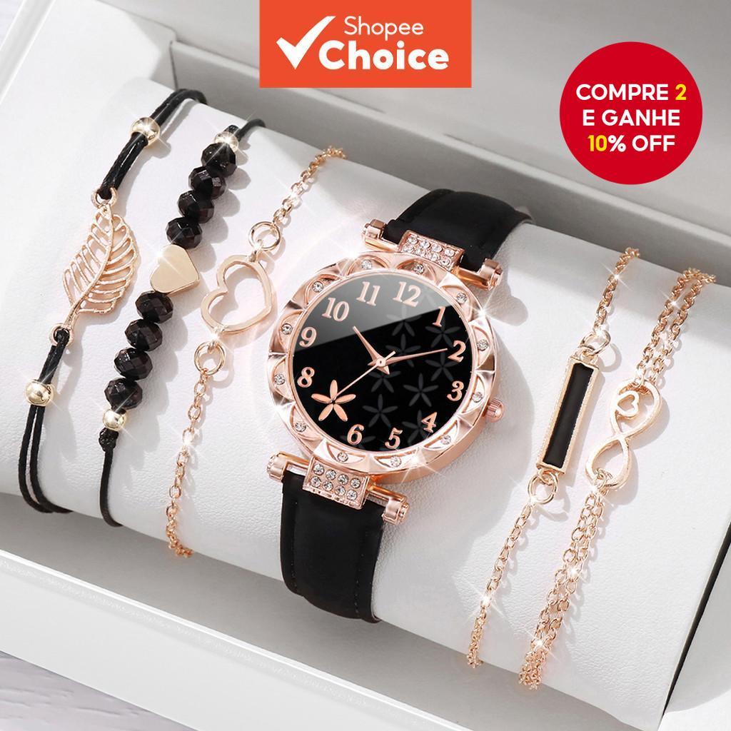 Conjunto De Relógio Com Pulseira De Couro De Quartzo Estilo Coreano , 6 Peças , Combinação De Joias Para Mulheres , Uso