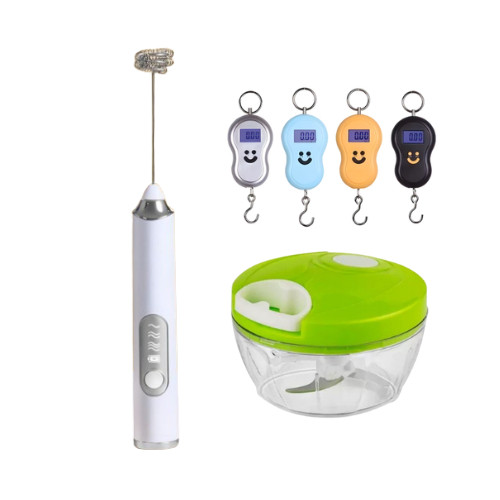 Kit 3 em 1: Processador Manual + Mixer Elétrico Recarregável + Balança Digital com Gancho | Portátil, Prático e Funciona