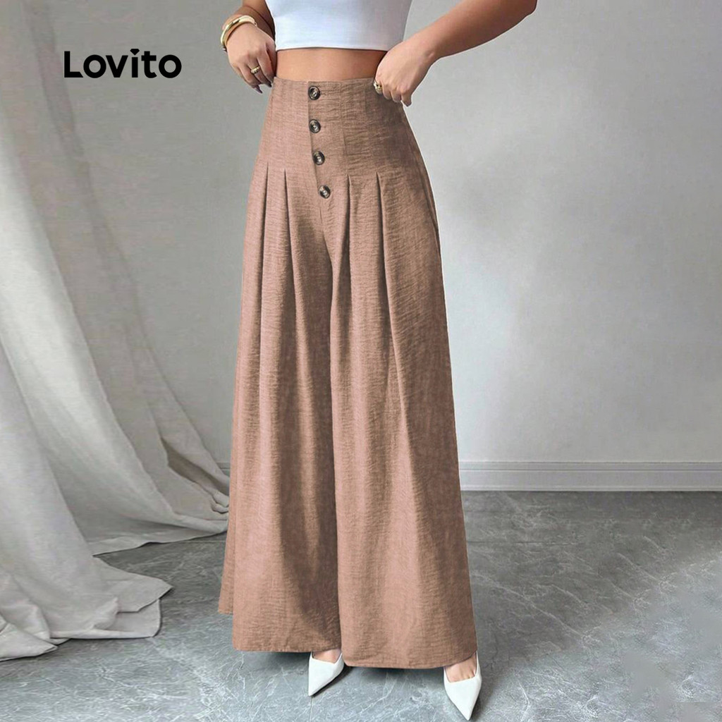 Detalhes do Lovito Calças Casuais com Botões Pregas Primavera/verão Calças Cáqui para mulheres LBL30143