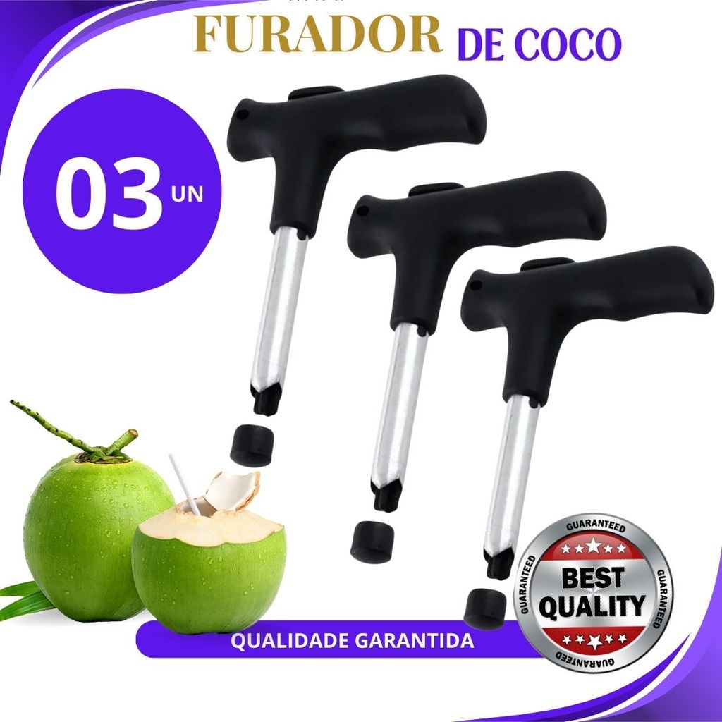 Kit 3, kit2 ou kit1 Abridor de Coco Furador de Coco 12cm Inox Prático Manual Haste Removível