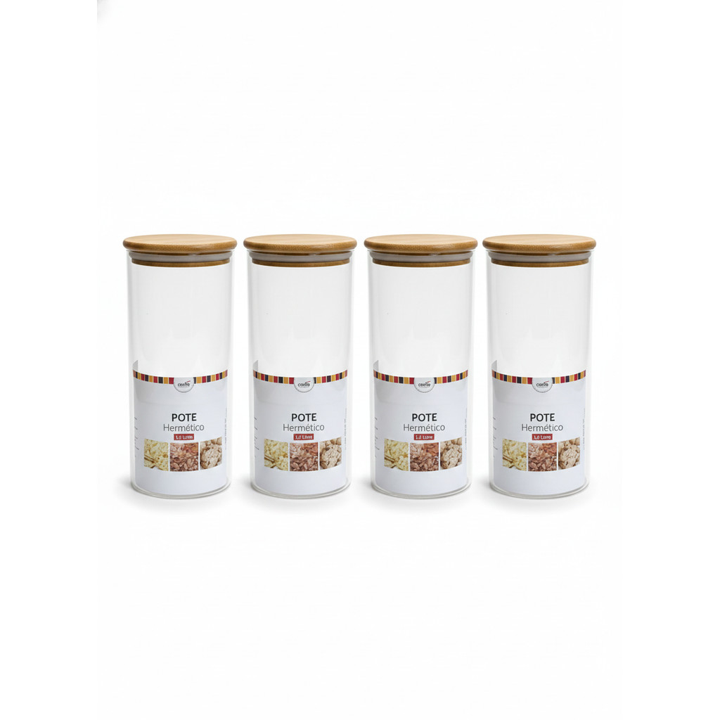 Kit 4 Potes Herméticos Vidro Tampa Bambu Casita 1,2l | Jogo Organizador Cozinha Mantimentos Luxo