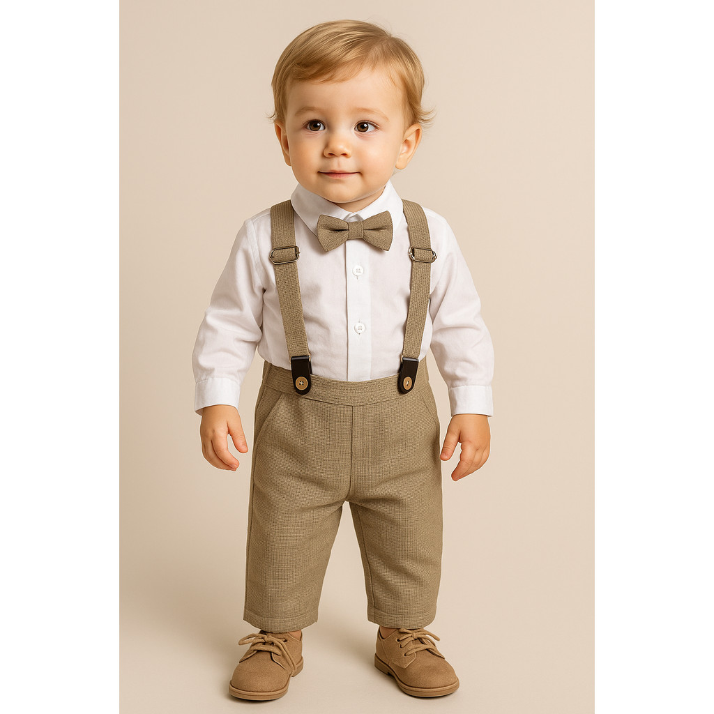 Conjunto Camisa com Suspensório e Gravata Borboleta Bege – Polo Infantil | Ref. 182