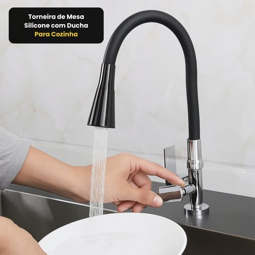 Torneira Cozinha Mesa Silicone Ducha Preta Flexível Reforçada Moderna