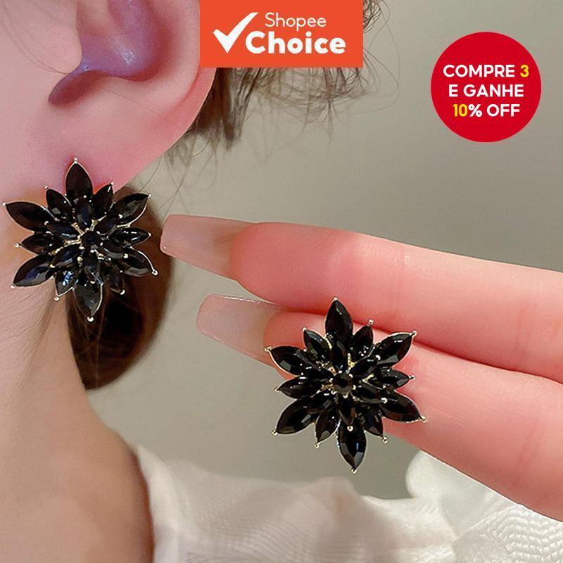 Agulha De Prata Coreana Design Personalizado Zircão Flor Preta Brincos Studs Moda High-end Para Mulher em Oferta na Shopee