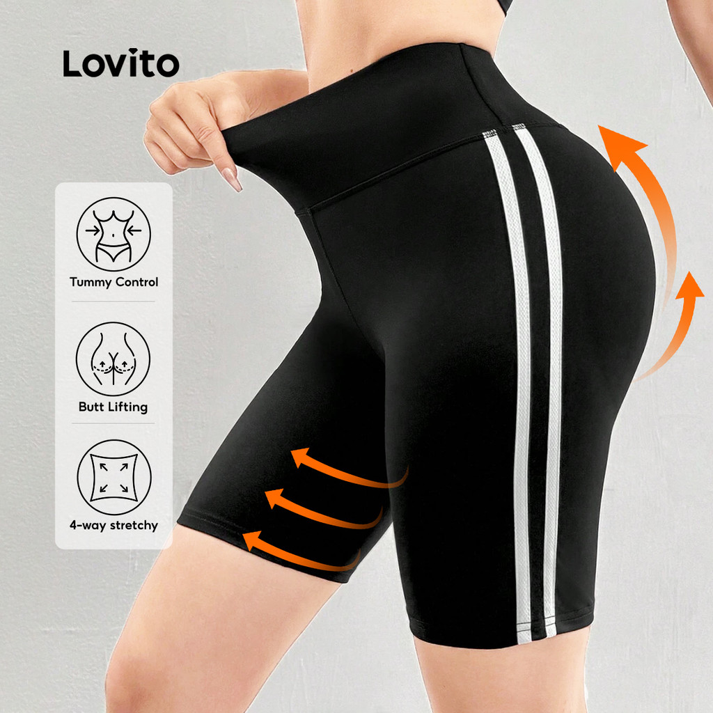 Lovito Shorts Esportivos com Controle de Abdômen e Levantamento de Bumbum em Elastano Preto de 4 Vias LNA129020 em Oferta na Shopee