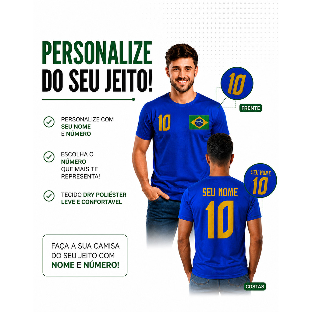 Camiseta do Brasil Nome e Número Azul Camisa Personalizada Torcedor Poliéster Estampa DTF