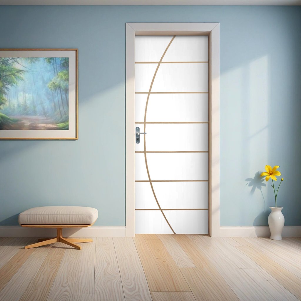 Kit Porta de Madeira Decorada 215x85cm com Batente de Aço 06cm Neblina MGM Abertura Direita Branco Branco