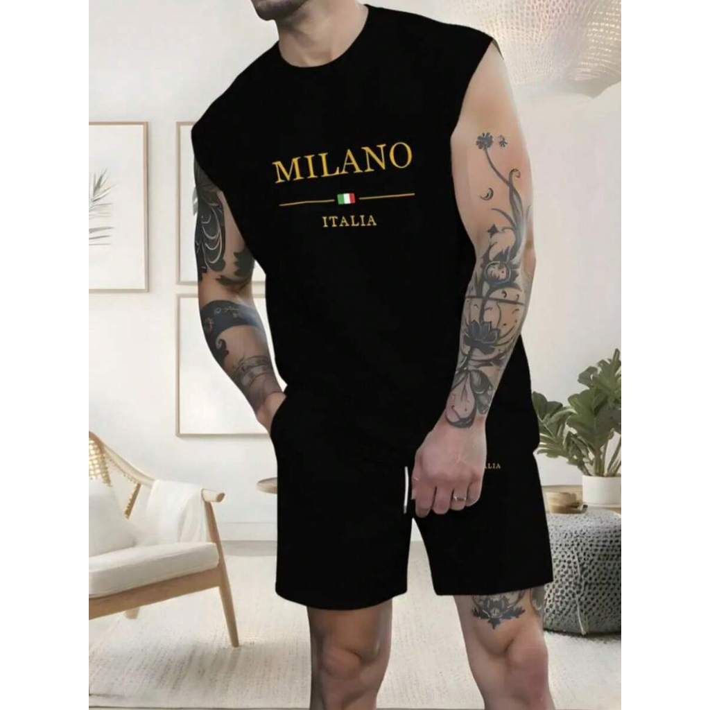 Kit 2 Peçãs Conjunto Masculino Milano Italia Camiseta Cavada 100% Algodão + Short Tectel Moda Masculina Streetwear Rega