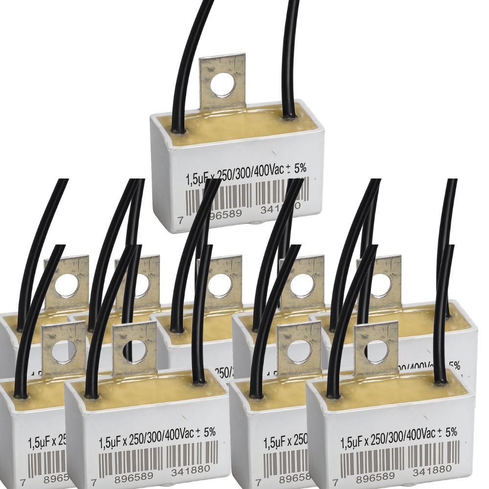 KIT 10 CAPACITOR 2 FIOS QUADRADO 1,5 UF X 250/300/400V CHAPA TRIO