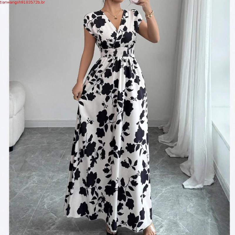 vestido feminino vestido longo feminino roupa feminina renda de manga curta com decote em v saia verão cintura estreita