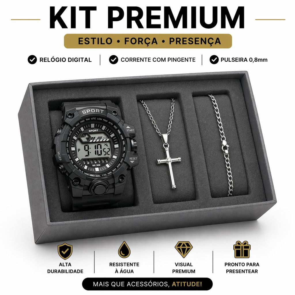 Kit Relógio Masculino Digital Sport À Prova D'Água Corrente Pulseira Pingente