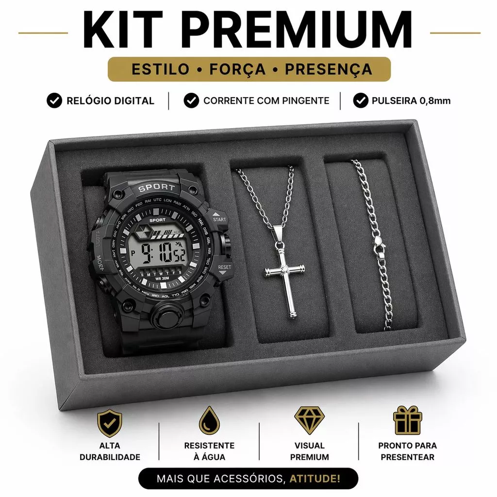 Kit Relógio Masculino Digital Sport À Prova D'Água Corrente Pulseira Pingente