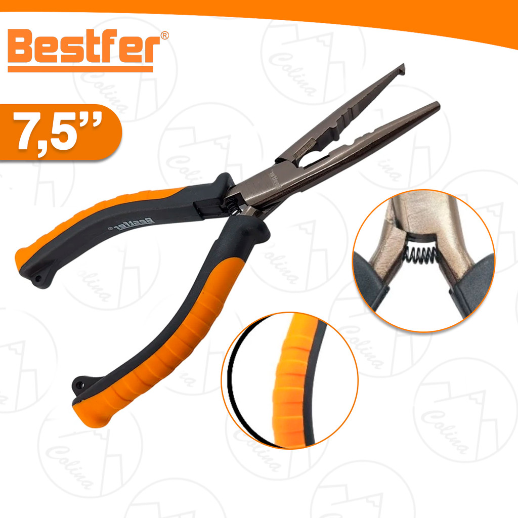 Alicate de Pesca Bico Longo Multiuso Camping 7,5"  Bestfer Aço Carbono Cabo Ergonômico Decor