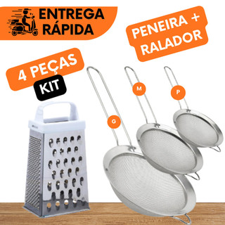 PENEIRAS 3 TAMANHOS + RALADOR QUATRO FACES AÇO INOX PARA RALAR PENEIRAR USO PROFISSIONAL E DOMÉSTICO