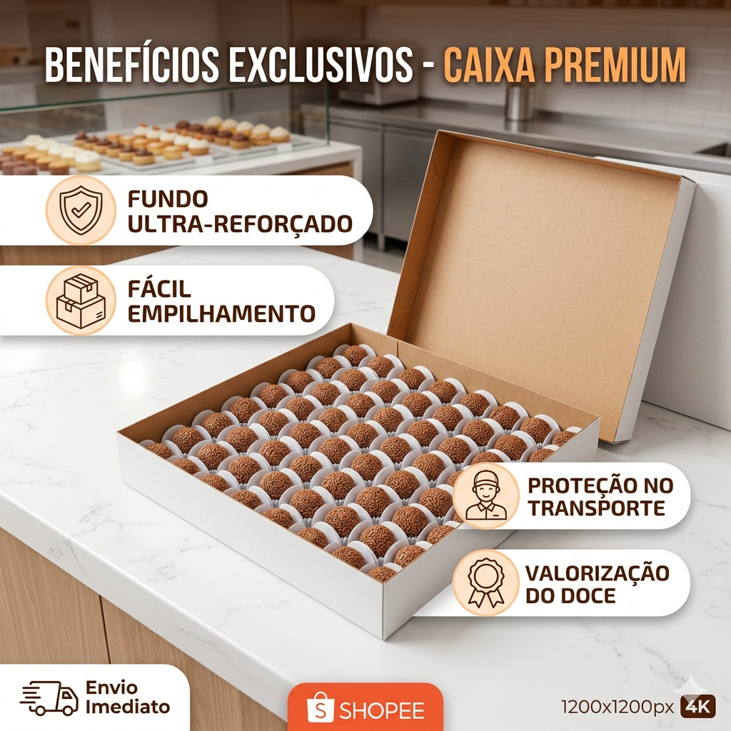 Kit 05 Caixas de Papelão 35x35x5 – Tampa e Fundo – Branco e Kraft – Para Festa, Salgados e Doces – Envio Imediato