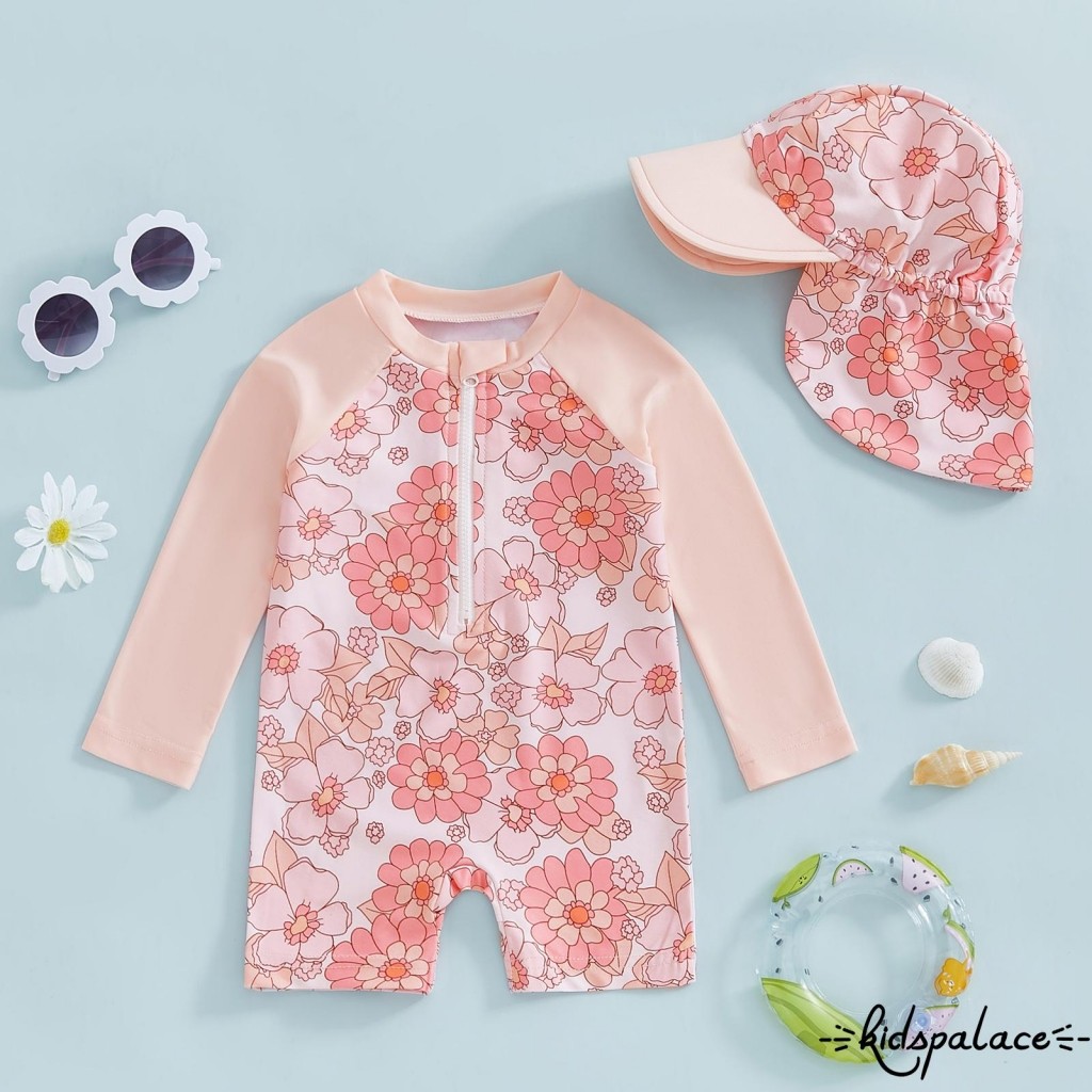 qwe-Maiô De Manga Comprida Para Meninas , Estampa Floral/Flamingo , Meio Zíper , Sem Bolinhas , Proteção Contra Queimadu