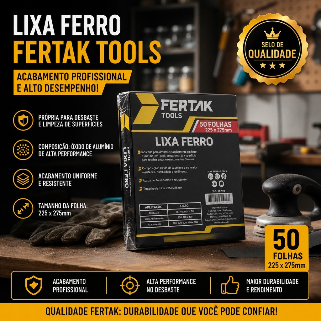 Lixa Ferro Grão 100 Grossa Profissional Pacote 50 Unidades Alta Remoção Desbaste Metal Ferrugem
