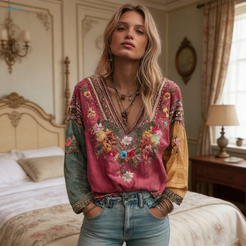 Poet Style Lantern Sleeve Tops Women Shirt Bohemian Women’s V-neck Long Embroidered Floral Print Tee Ethnic Pullover T