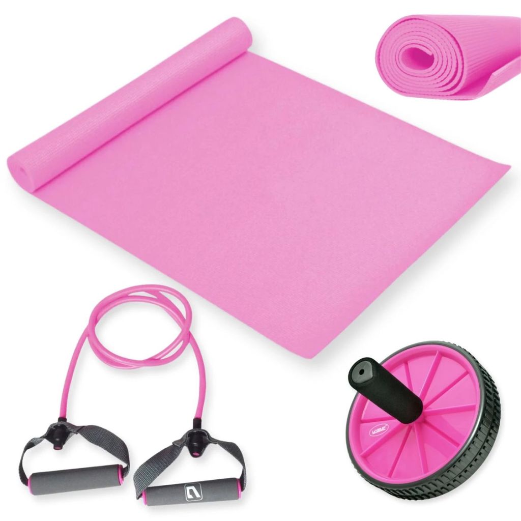 Kit Exercícios Colchonete Eva Rosa + Extensor Elástico Leve + Roda Abdominal Pilates