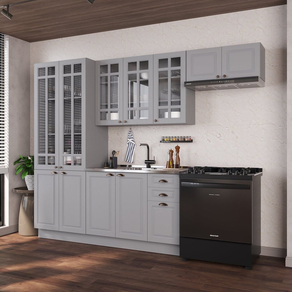 Cozinha Modulada 4 Peças Cristaleira Balcão sem Tampo 2 Aéreos 100% MDF com Vidro e Rodapé Bari Cinza/Titânio Fosco