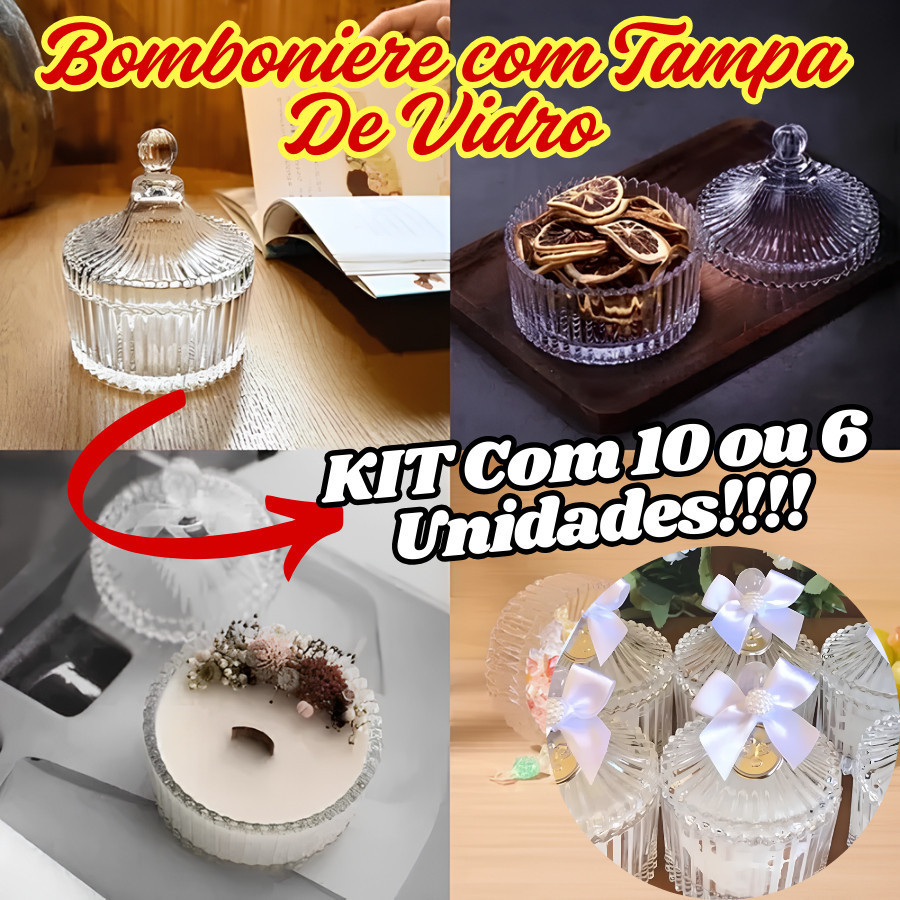 KIT 10 Bomboniere Com Tampa De Vidro Ou 6 Unidades 90ML 9x6x4Cm Decorativo Para Doces Velas Multiuso em Oferta na Shopee
