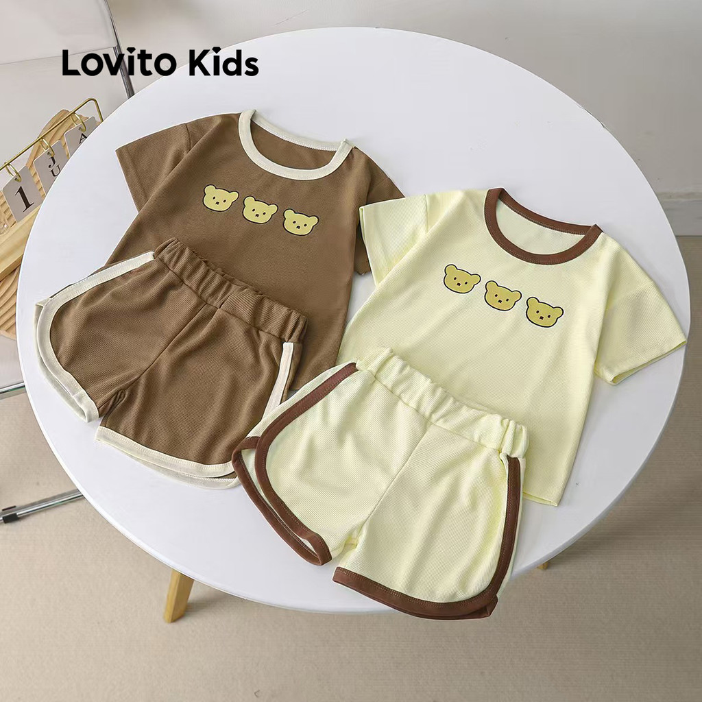Lovito Kids Conjuntos de Shorts Esportivos Padrão Colorblock Primavera/verão Conjuntos de Shorts Marrons LNL128080