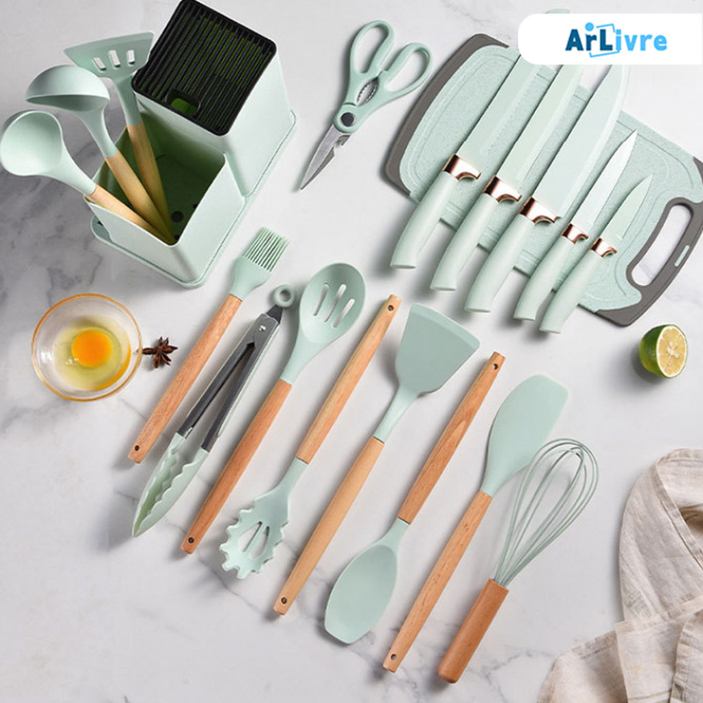 Kit Completo Jogo Utensílios de Cozinha Luxo 19 Peças Com Tábua em Silicone Espátula Faca Tesoura