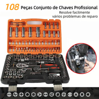 Kit Ferramentas 108 Peças com Caixa - Soquetes, Chaves e Acessórios Multifuncional Profissional em Oferta na Shopee