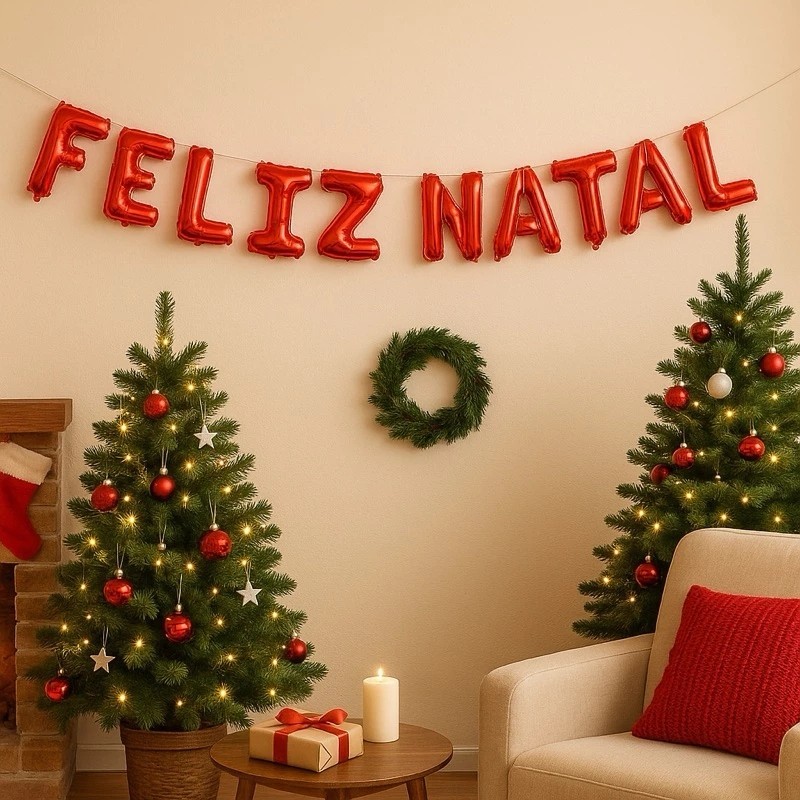 Balão Natal Feliz Vermelho Decoração Festa Natalina Enfeite Jantar Letra Pendura Parede Porta Bexiga