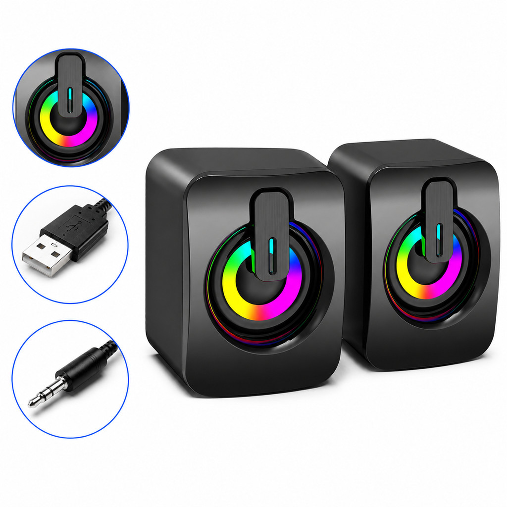 Caixinha de Som PC Notebook USB P2 Led RGB Som Estéreo Compacta