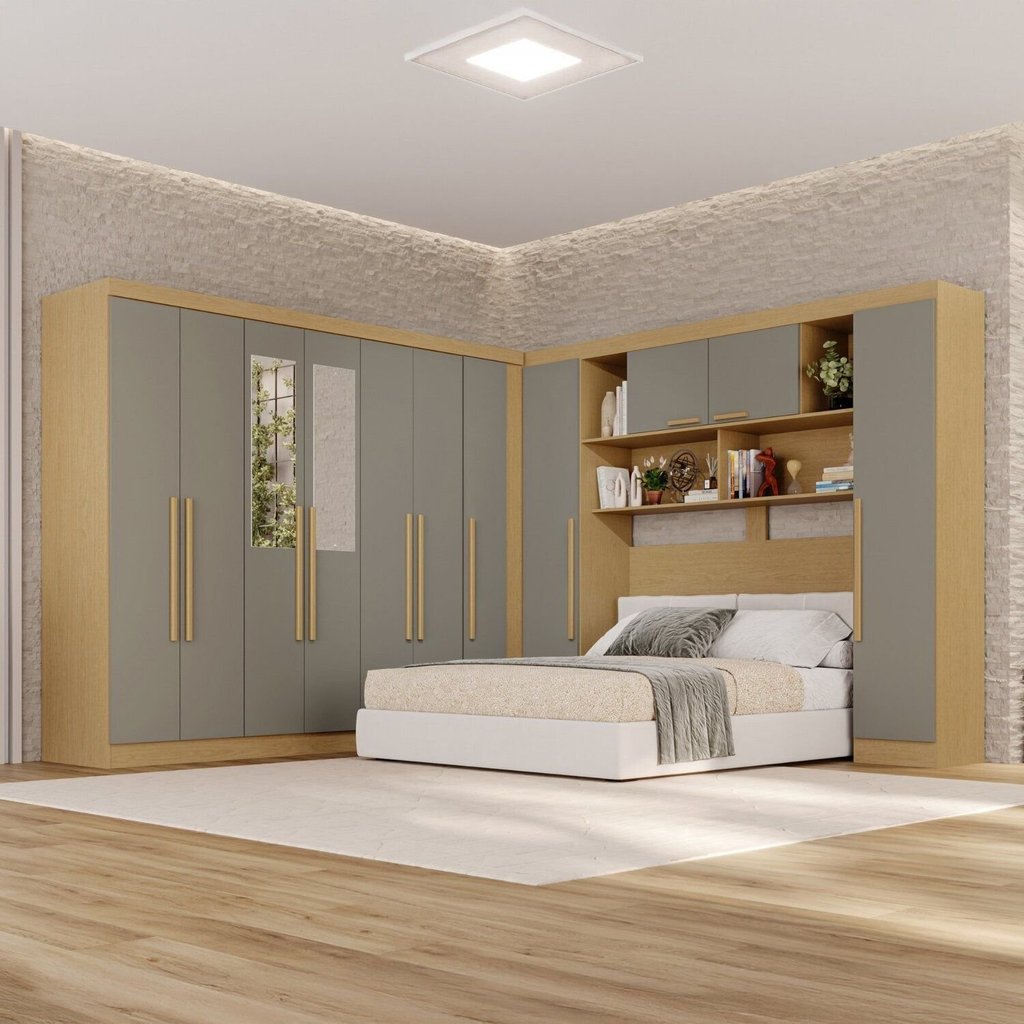 Guarda-Roupa de Canto com Espelho Modulado 11 Portas 2 Gavetas Brasil Cinza/Jequitibá/Granizo Jequitibá/Granizo