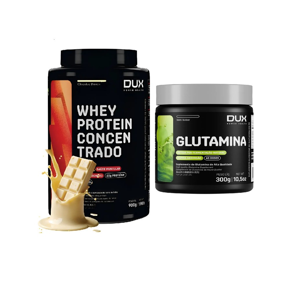 WHEY PROTEIN CONCENTRADO 900g CHOCOLATE BRANCO + L-GLUTAMINA 300G DUX NUTRITION