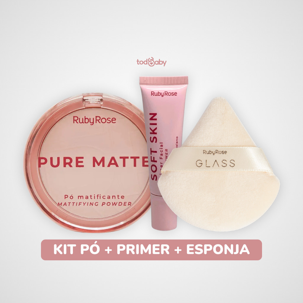 Pó Compacto Pure Matte + Primer Soft Skin + Esponja Para Pó Kit Maquiagem Ruby Rose®