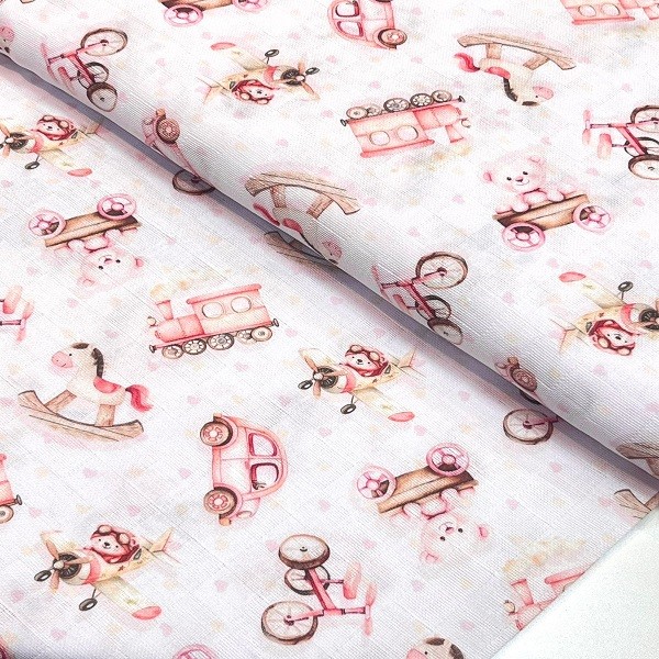 Tecido Fralda Quadriculada Estampada Urso Ursinho Avião Carrinho e Cavalo Rosa