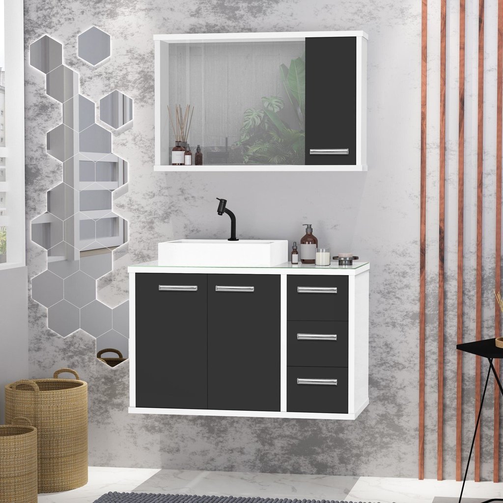 Gabinete para Banheiro com Tampo de Vidro Cuba de Sobrepor e Espelheira 80cm Turin Branco/Preto