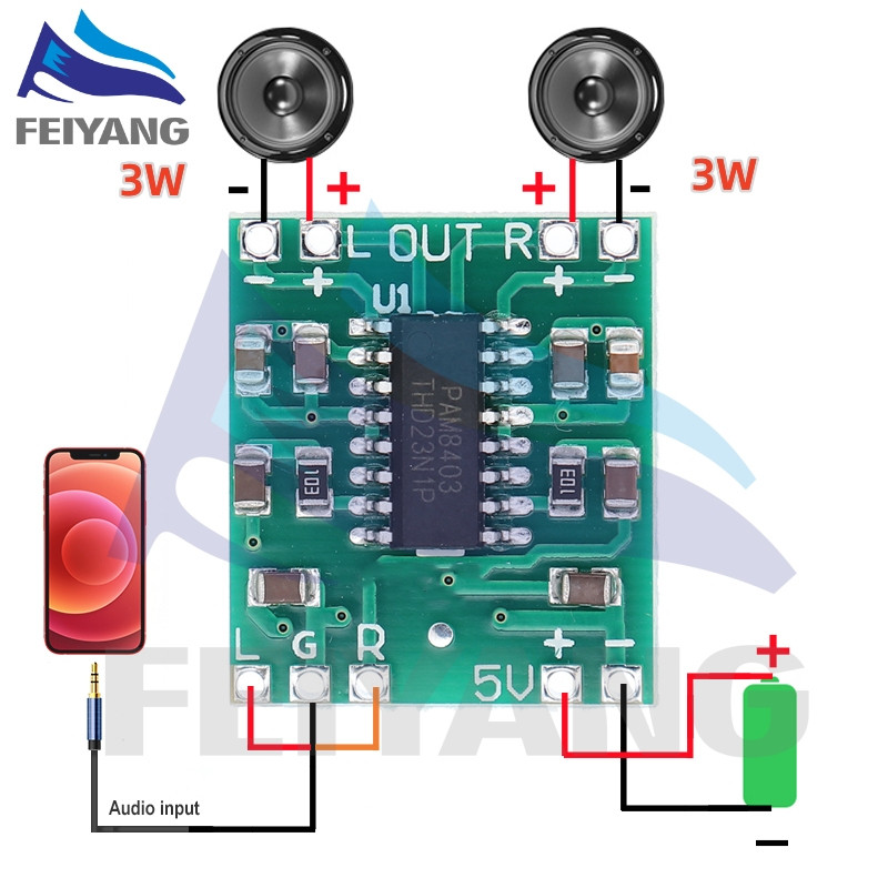 Placa Amplificadora digital PAM8403 Super mini 2 * 3W Classe D Eficiente 2.5 A 5V Fonte De Alimentação USB