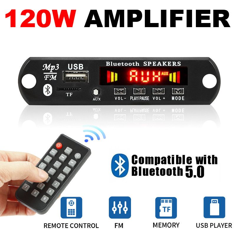 Amplificador 120W Bluetooth 5.0 Placa Reprodutor De Áudio 12V DIY MP3 Player Carro Módulo Rádio FM TF USB Microfone