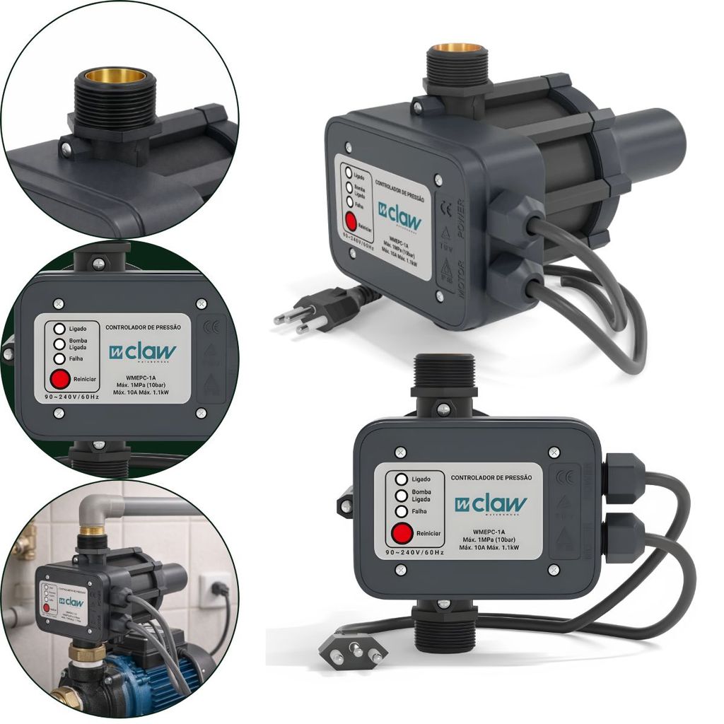 Controlador Automático Pressão Ajustável Eletronico Bomba Motobomba Bivolt Claw 1,5 bar até 1,5cv Pressostato Eletronico