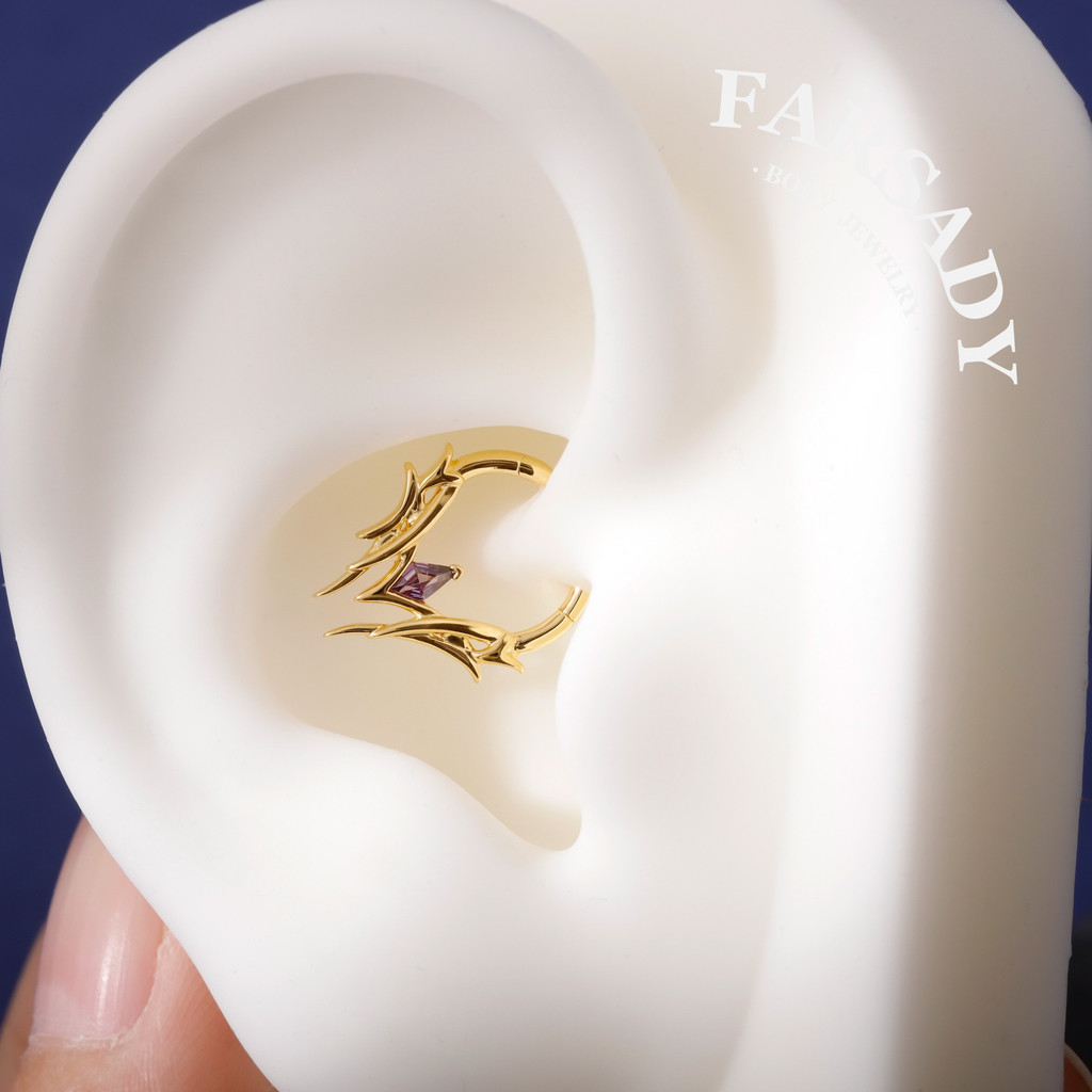 Thorn Diamond Shape Ametista CZ Septo Anel Banhado A Prata Esterlina 18K Ouro Alt Fashion Sharp Spike Daith Brinco Helix