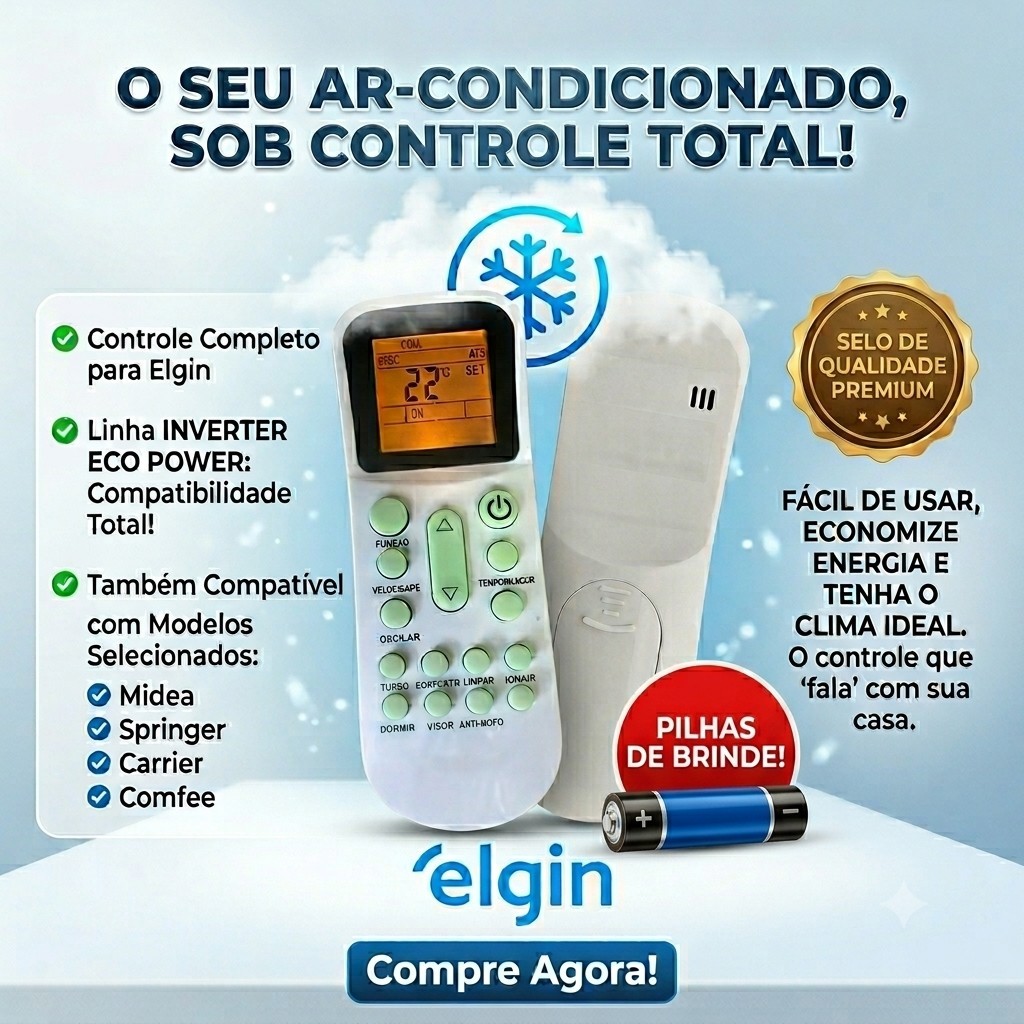 Controle Remoto Para Ar Condicionado Elgin Split Compatível Midea, Springer, Carrier, Comfee Linha Inverter Eco Power
