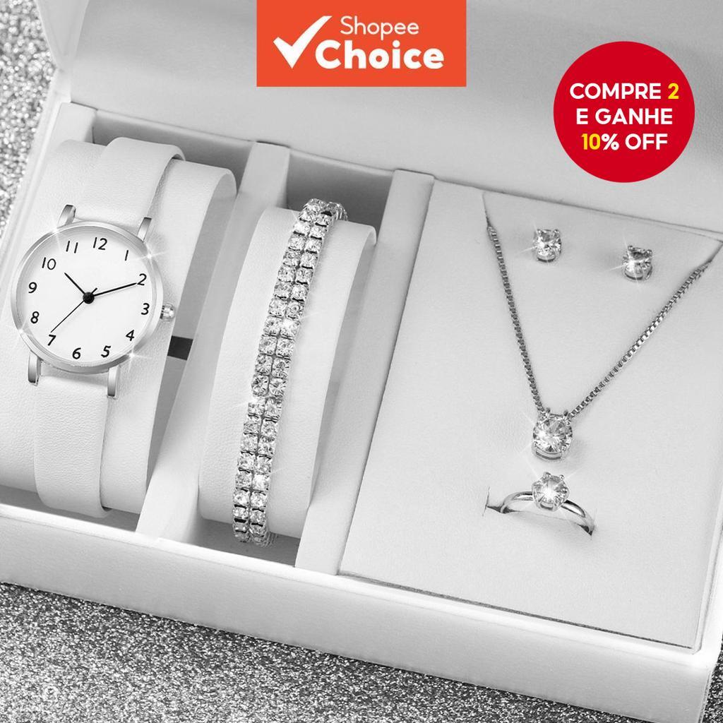 Conjunto De Relógio De Quartzo Casual Feminino , 6 Peças , Com Joias De Diamante , Pulseira , Colar , Brincos , Presente