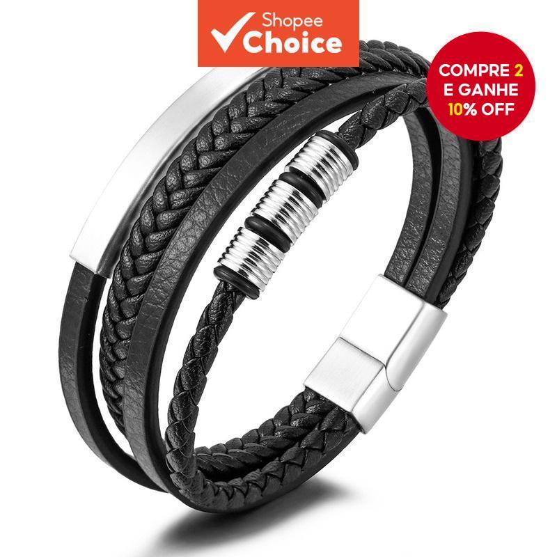 Pulseira Masculina Vintage De Couro De Aço Inoxidável Para Acessórios De Moda