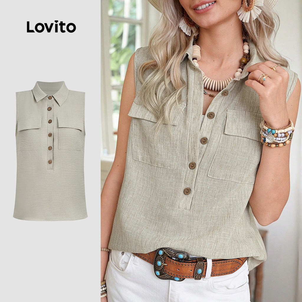 Lovito Blusa Casual com Bolso Primavera/verão Blusa de Damasco para Mulheres LBL31006 em Oferta na Shopee