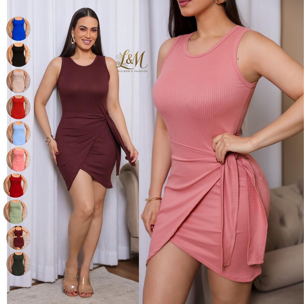 Vestido Feminino Canelado Envelope em Malha com Amarração na Saia