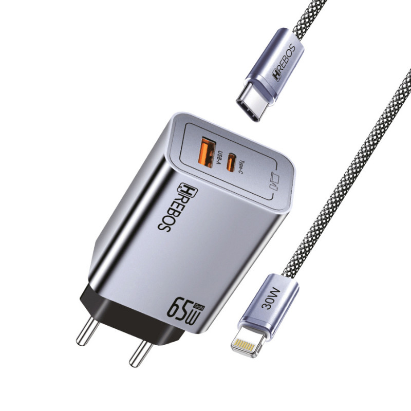kit Carregador Rápido 65W Hrebos CRG-229CI USB-C Cinza para iPhone iOS Turbo Power