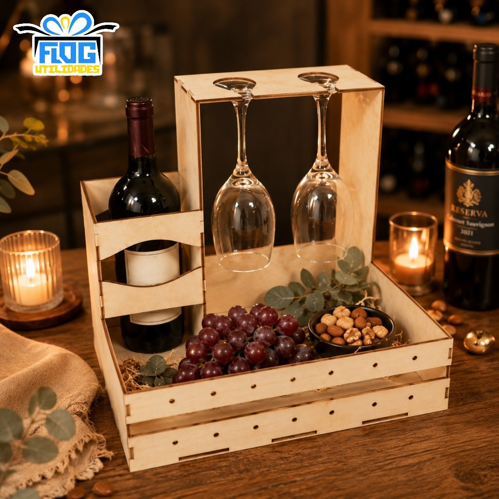 Kit Com 12 Bandeja para VINHO e TAÇA suporte , caixa Presente Lembrança Dia dos namorados - MDF cru