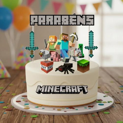 Topo De Bolo Minecraft Topper Enfeite Personalizado Festa