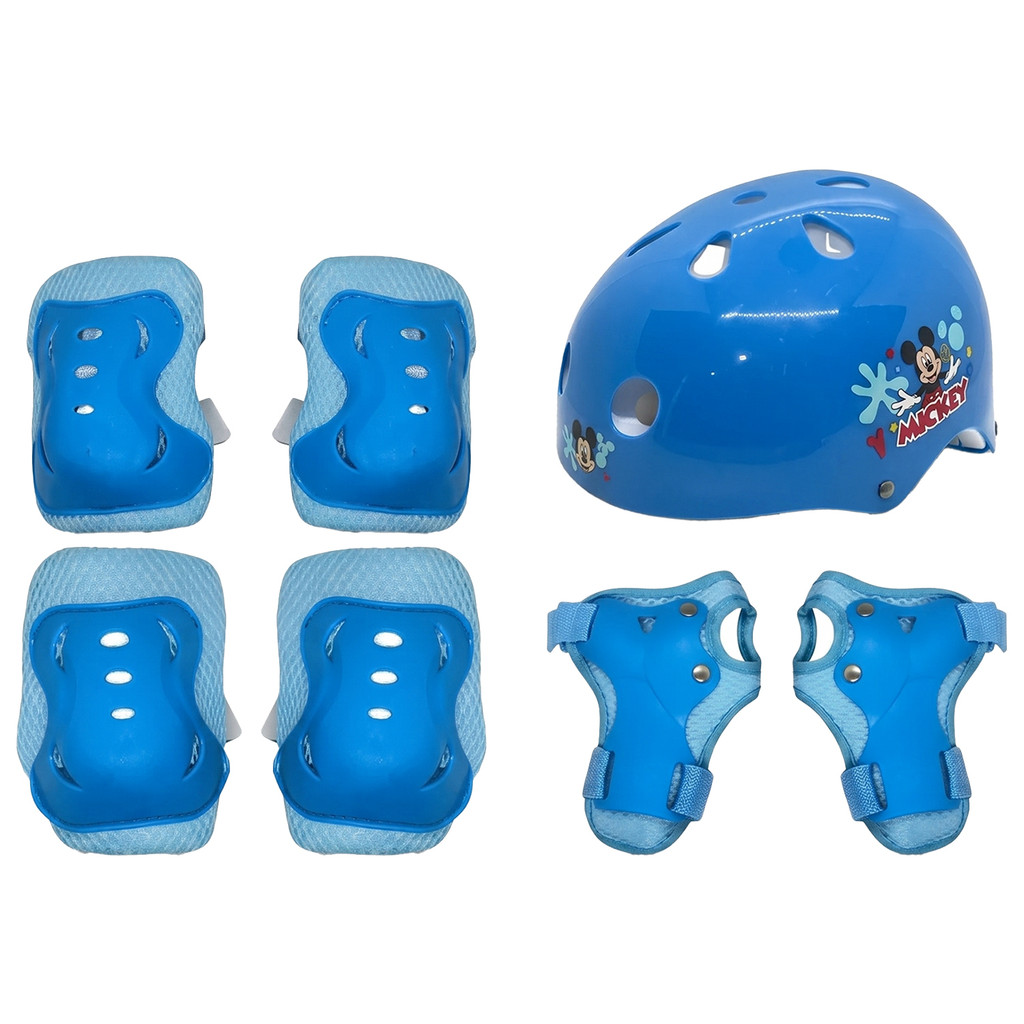 Kit Proteção Mickey Mouse Capacete Infantil Cotoveleiras Joelheiras Patins Skate Bicicleta Azul